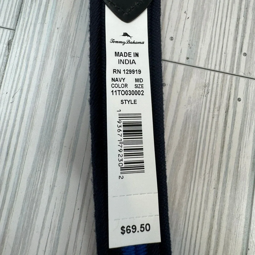 Tommy Bahama Men's‎ Med (34-36) Navy Blue Stretch Cord Belt Leather Trim Fishing - Picture 5 of 7
